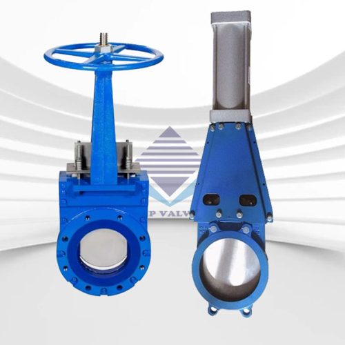 Van cổng dao tay quay - điều khiển khí nén thân gang cánh inox